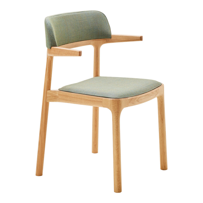 Green upholstered chair with a light wood frame, featuring a smooth finish and minimalist design.