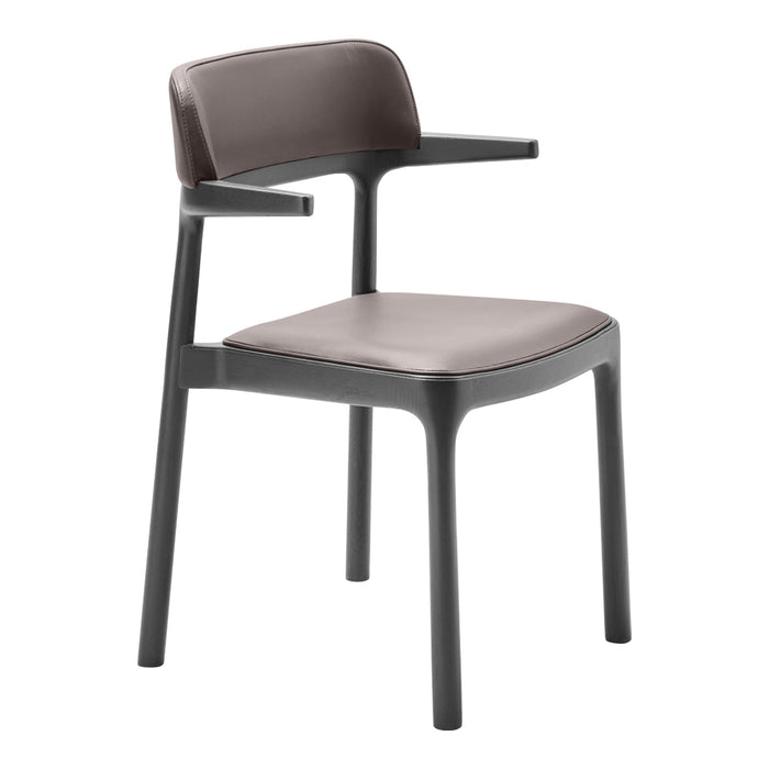 Brown upholstered chair with a sleek black frame, minimalistic design and smooth finish. Ideal for modern interiors.