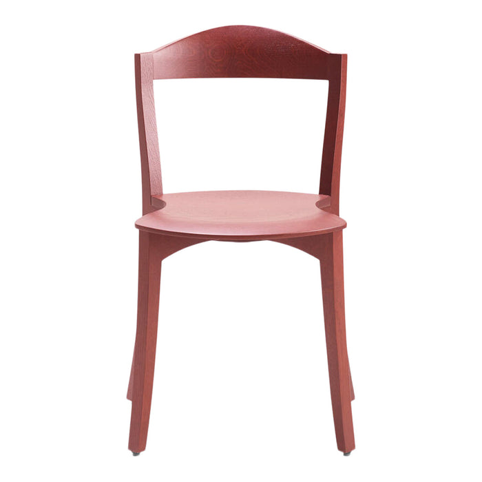 Red wooden dining chair with a sleek, minimalist design and smooth finish. Perfect for modern interiors.