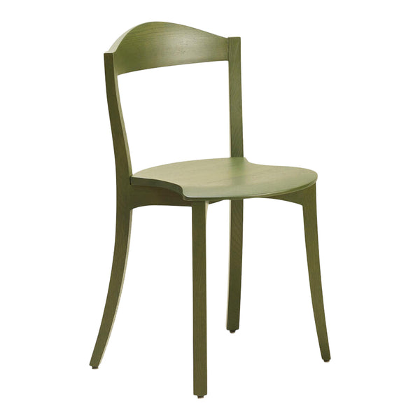 Olive green dining chair with a smooth, minimalist design and curved backrest. Ideal for modern interiors.