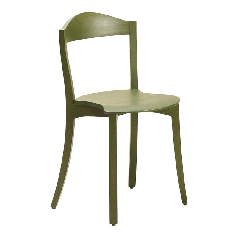 Olive green dining chair with a smooth, minimalist design and curved backrest. Ideal for modern interiors.