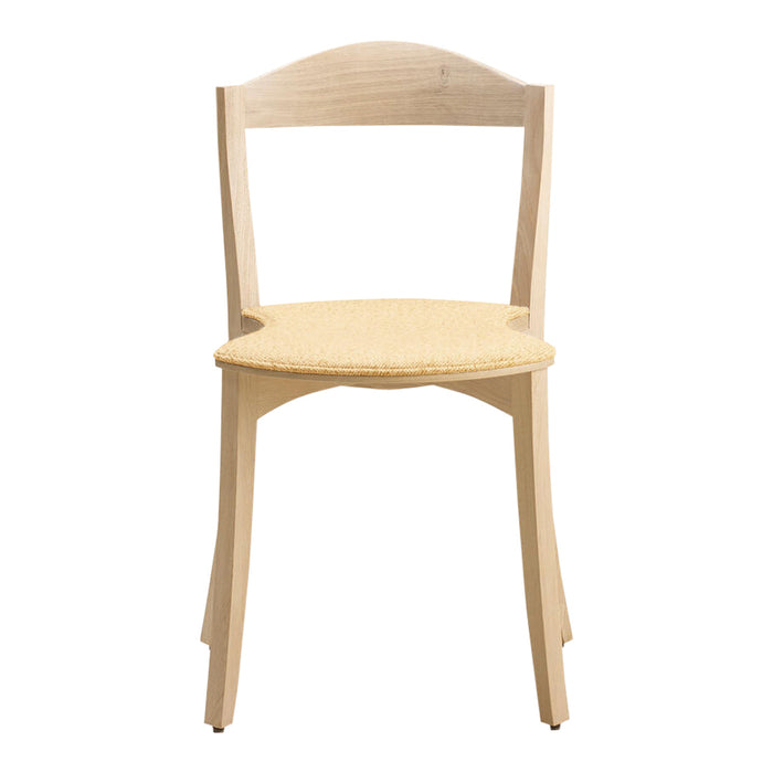 Light wood chair with a natural finish and a woven straw seat, featuring a simple and minimalist design.