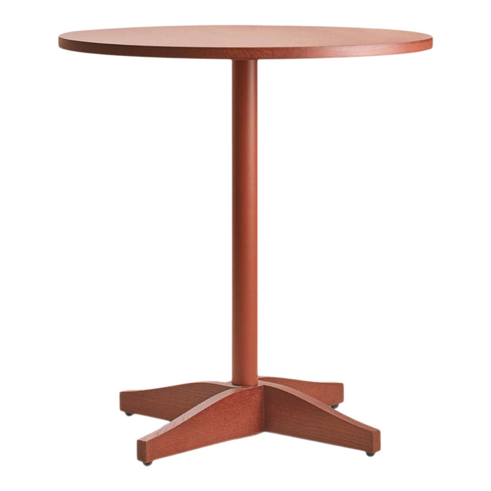 Round wooden table in warm terracotta with a smooth finish and simple, modern design. Ideal for any space.