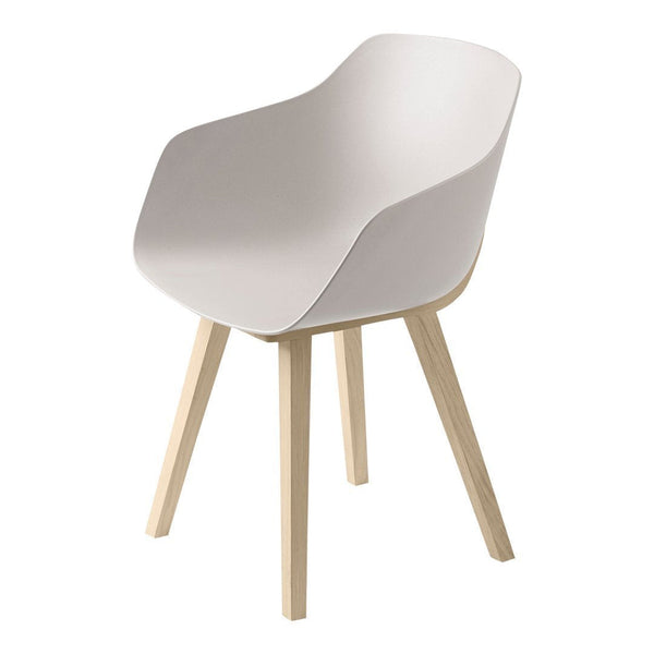 Stylish white chair with smooth contours and natural wood legs, perfect for modern interiors.