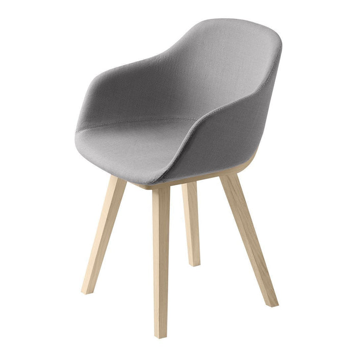 Gray upholstered chair with smooth contours and natural wood legs, ideal for modern decor.
