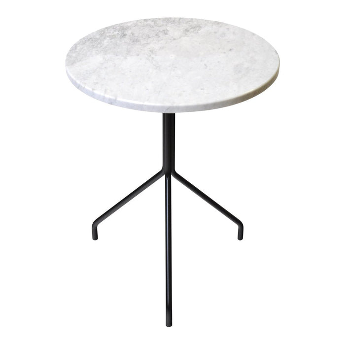 Round marble table with a smooth white top and a sleek black tripod base. Minimalist design with elegant texture.