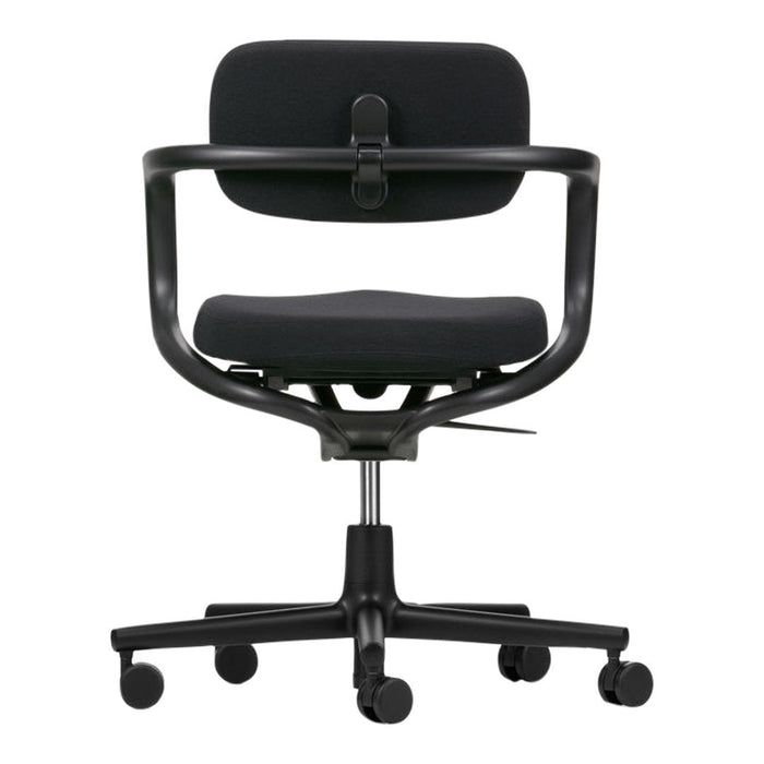 Black ergonomic office chair with a sleek, minimalist design and a smooth, solid fabric finish.