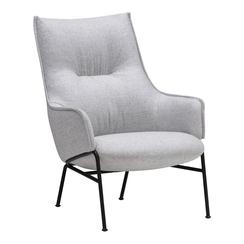 Light gray upholstered armchair with a sleek design and subtle textured pattern, set on a black metal frame.