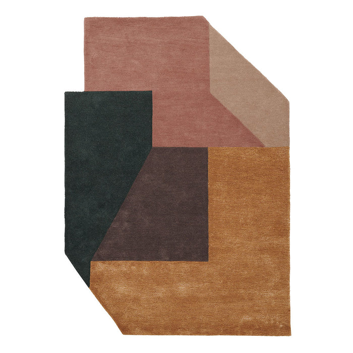 Colorful geometric area rug featuring pink, green, brown, and taupe sections with a modern design.