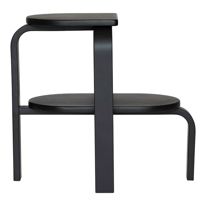 Sleek black two-tiered stool with smooth surfaces and minimalist design, perfect for modern decor.