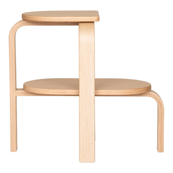Light wood two-tiered side table with smooth curved edges and a minimalist design. Ideal for modern decor.