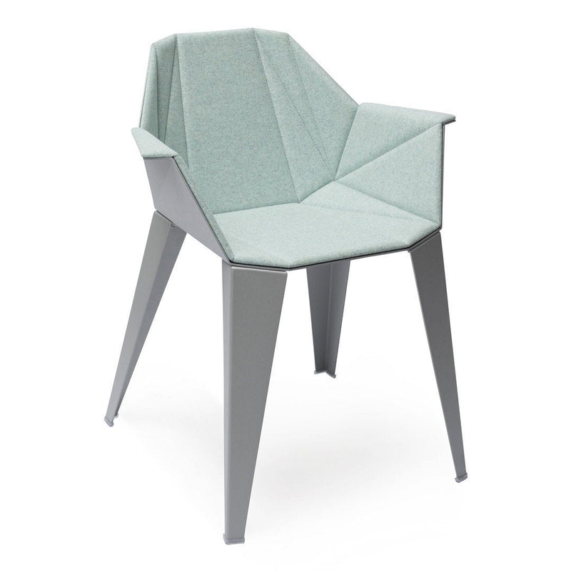 Modern geometric chair with a mint green fabric seat and sleek gray legs, featuring a unique folded design.