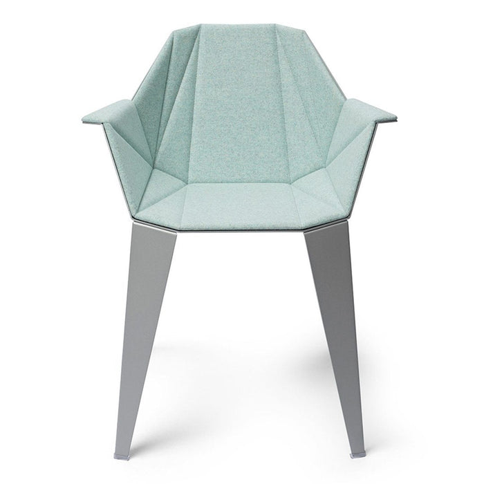 Modern mint green geometric chair with textured upholstery and sleek silver legs. Perfect for stylish interiors.