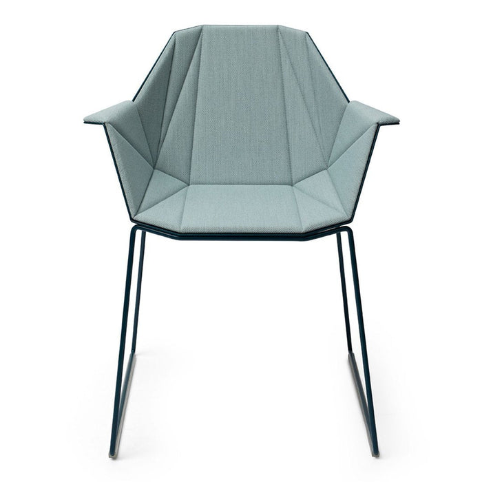 Light blue geometric-patterned chair with sleek metal legs, perfect for modern decor.