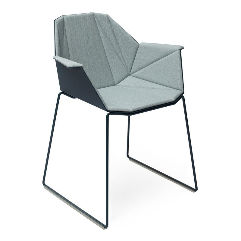 Gray geometric patterned chair with a sleek black metal frame. Modern and stylish design for contemporary decor.