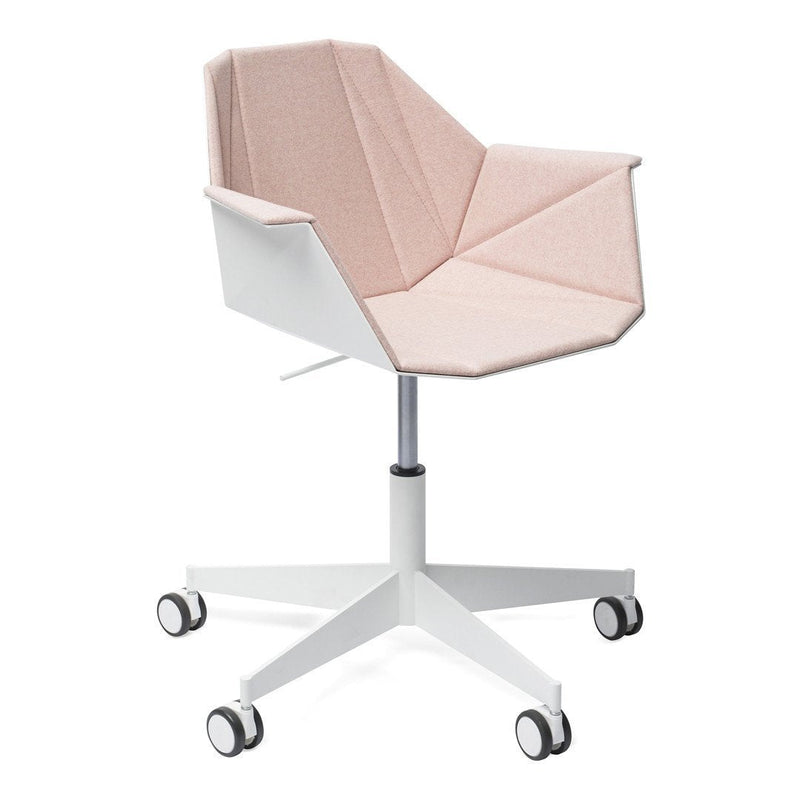 Modern swivel chair featuring a soft pink fabric seat and a sleek white base with rolling casters.