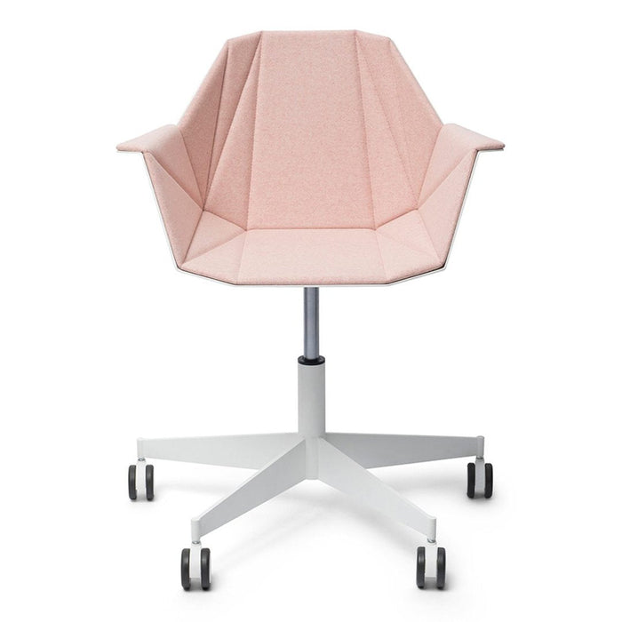 Pink geometric patterned chair with a white swivel base and castors, ideal for modern office decor.