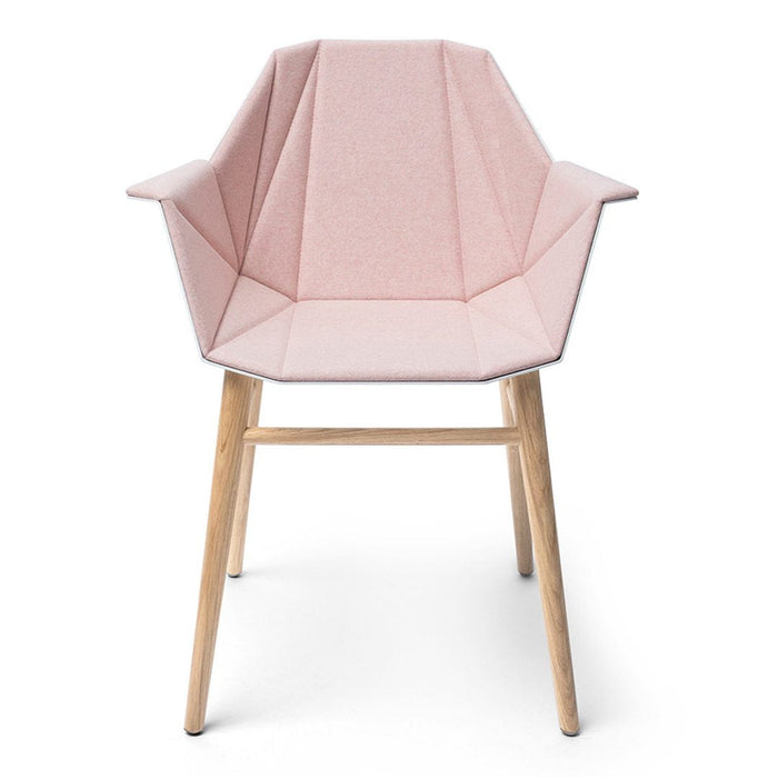 Pink geometric-patterned chair with wooden legs, perfect for modern decor.