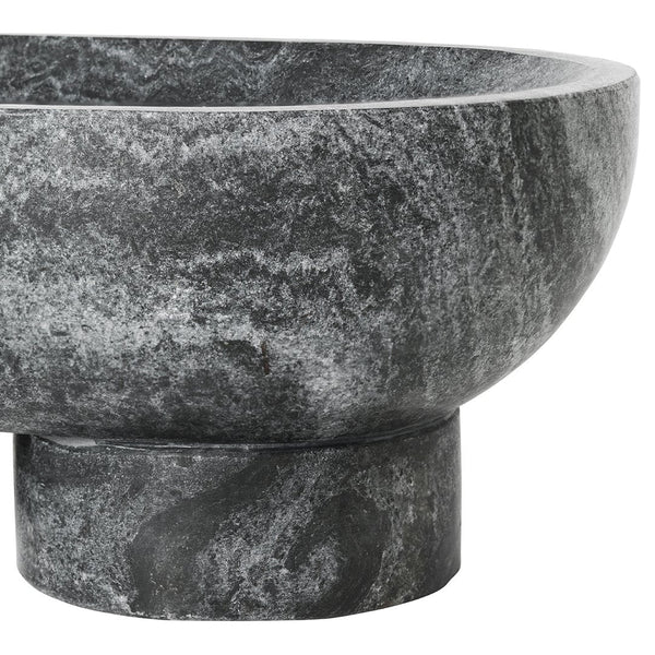 Round black marble bowl with gray and white veining, featuring a smooth finish and sturdy base.