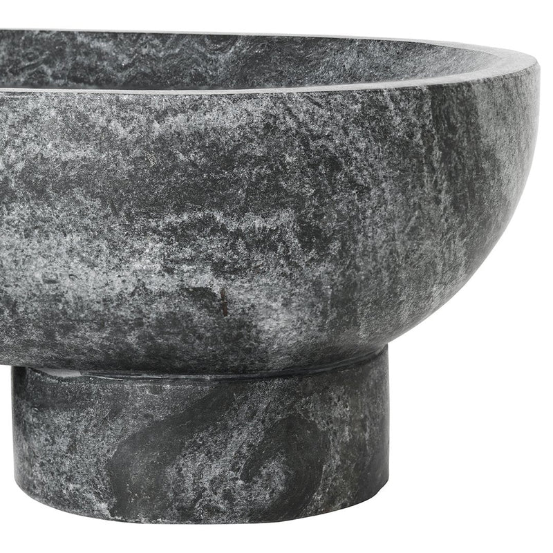 Round black marble bowl with gray and white veining, featuring a smooth finish and sturdy base.
