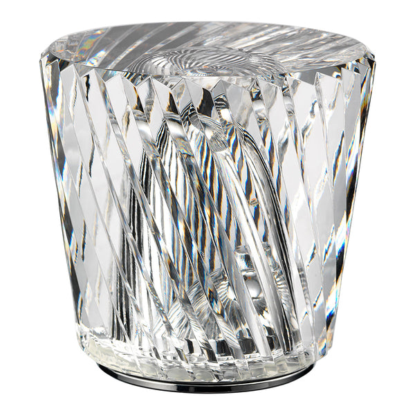 Clear crystal vase with a geometric, diamond-cut pattern reflecting light in shimmering rainbow hues.