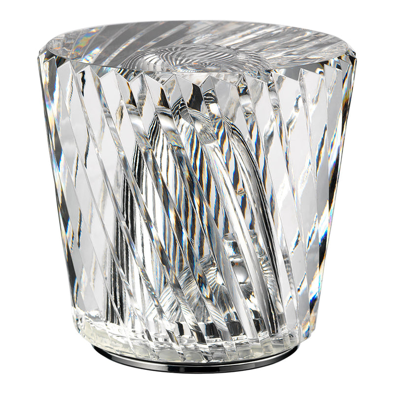 Clear crystal vase with a geometric, diamond-cut pattern reflecting light in shimmering rainbow hues.