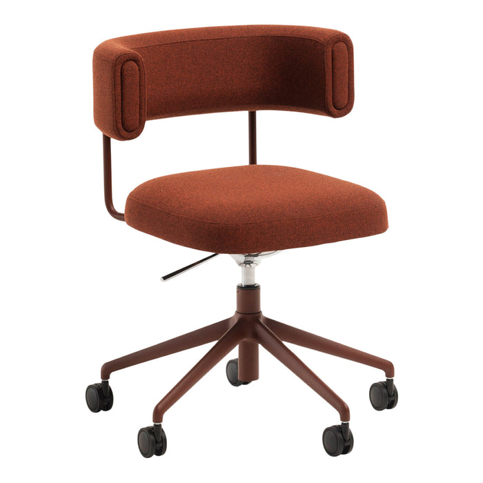 Rust orange office chair with a curved backrest and a smooth seat, featuring a minimalist design and rolling wheels.