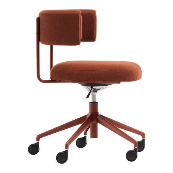 Rust orange office chair with a minimalist design and a textured fabric seat, featuring a unique two-part backrest.