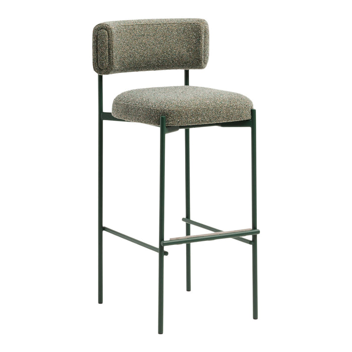 Green metal bar stool with a textured gray and beige patterned fabric seat and backrest. Modern design.