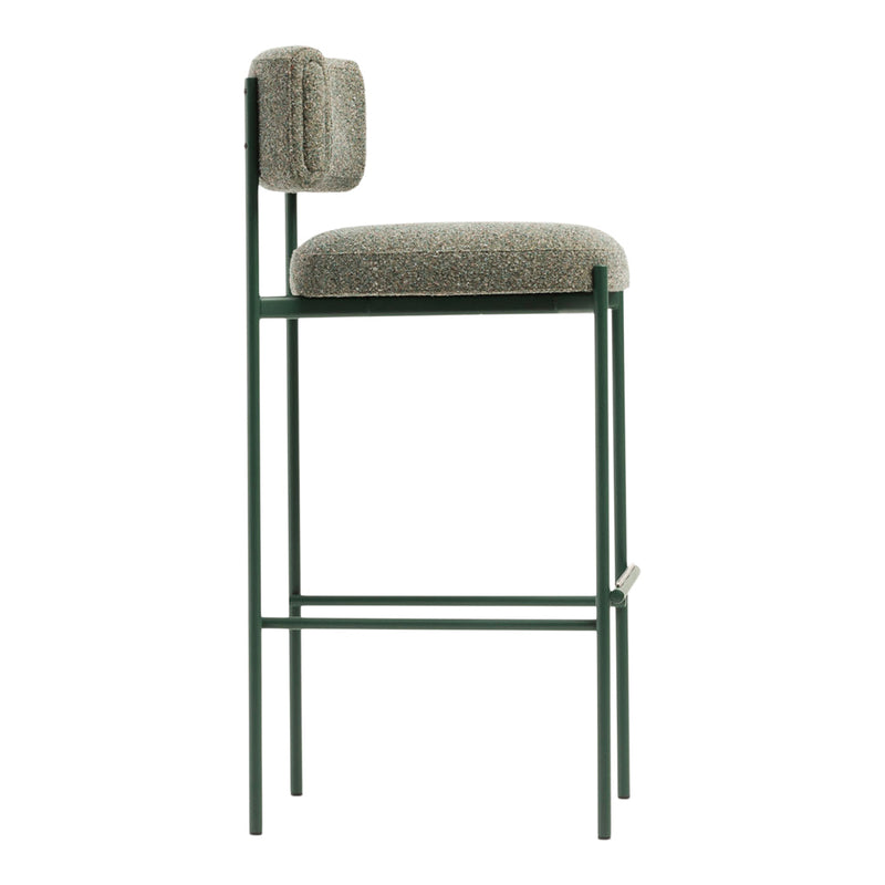 Green metal bar stool with textured gray fabric seat and backrest, featuring a modern minimalist design.