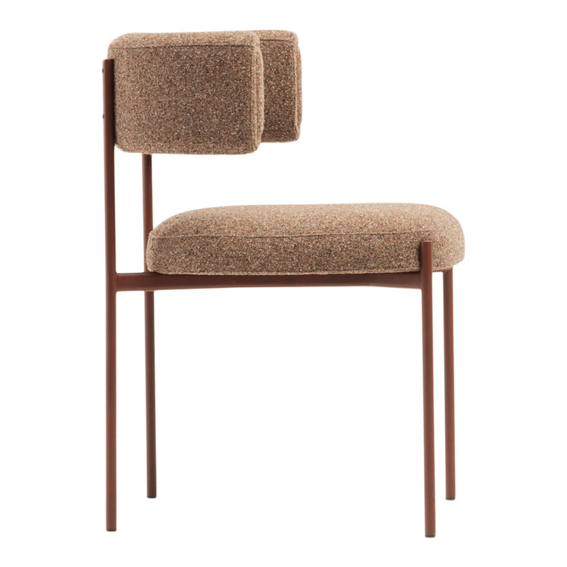 Brown textured chair with a unique double-back design and a sleek, modern frame. Ideal for contemporary decor.
