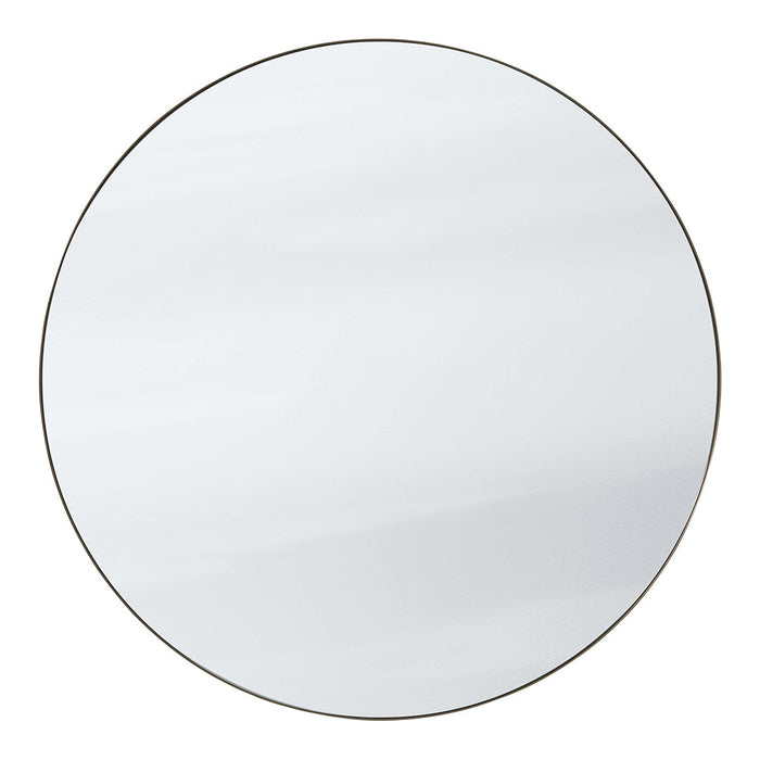 Round wall mirror with a sleek, silver frame and smooth reflective surface, perfect for modern decor.