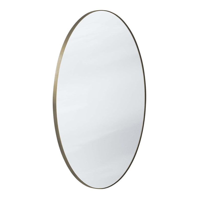 Oval mirror with a sleek reflective surface and a subtle gold metal frame, featuring a minimalist design.
