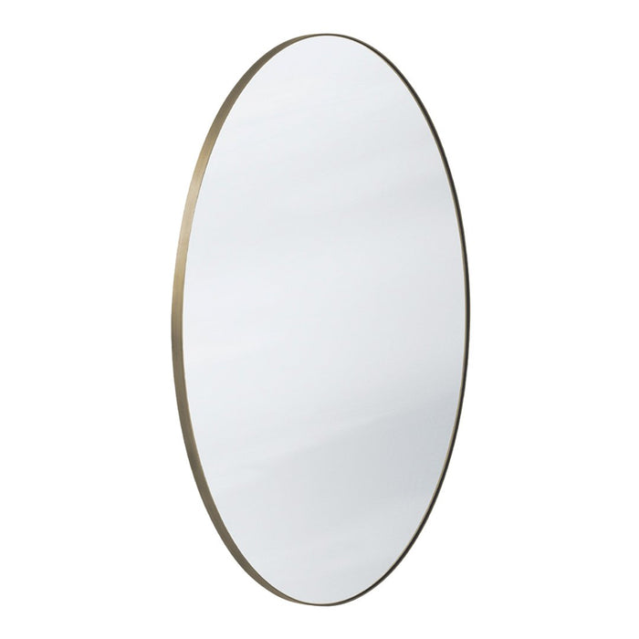 Oval wall mirror with a sleek, gold metal frame and a smooth, reflective surface, enhancing any decor.