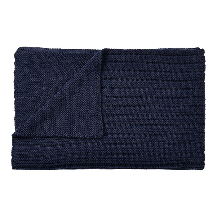 Dark navy blue knitted blanket with a textured ribbed pattern, folded for display. Perfect for cozy decor.