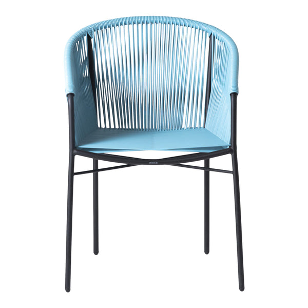 Light blue ribbed chair with a sleek black metal frame. Modern design perfect for contemporary decor.