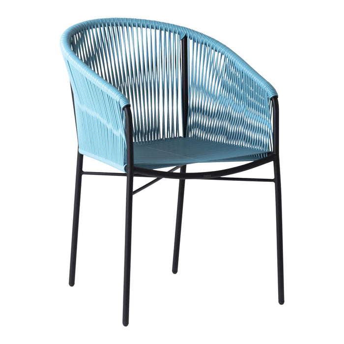 A modern blue woven chair with a sleek black metal frame, showcasing a textured, striped pattern.