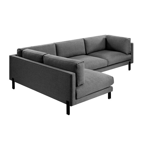 Gray L-shaped sectional sofa with minimalist design and solid black legs, featuring a smooth fabric texture.