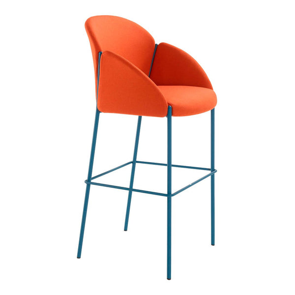 Stylish orange upholstered bar stool with a sleek blue metal frame, perfect for modern interiors.
