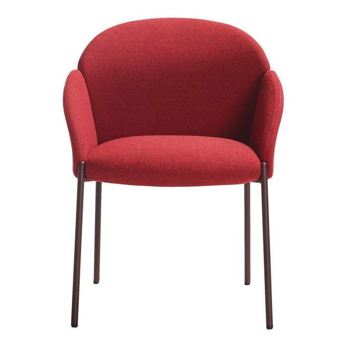 Red upholstered chair with smooth curves and minimalist metal legs, perfect for modern decor.