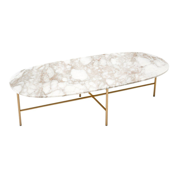 Elegant oval coffee table with a white marble top featuring subtle gray veining and a sleek gold metal base.