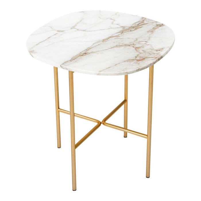 Round marble side table with elegant gold legs, featuring a white and beige veined marble top. Perfect for modern decor.