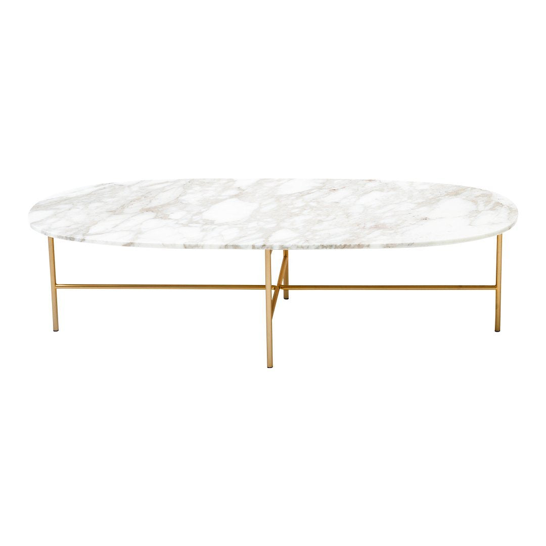 Oval marble coffee table with white and grey veining, featuring a sleek gold metal base. Elegant and modern design.