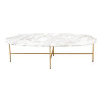Oval marble coffee table with white and grey veining, featuring a sleek gold metal base. Elegant and modern design.