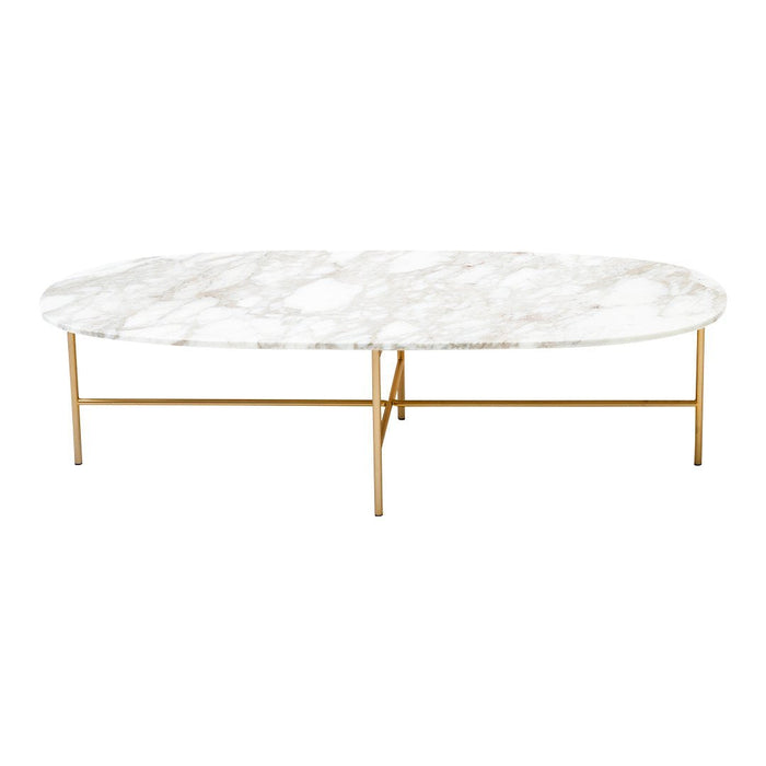 Oval marble coffee table with white and grey veining, featuring a sleek gold metal base. Elegant and modern design.