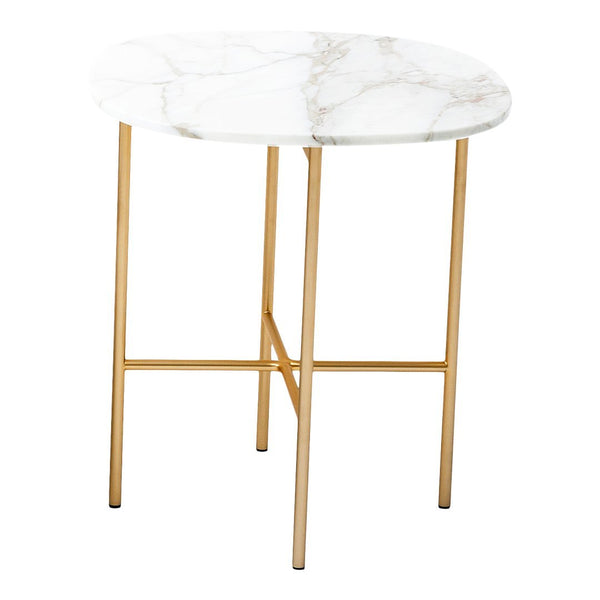 Round marble side table with white and gray veining on a gold metal frame. Elegant and modern design.