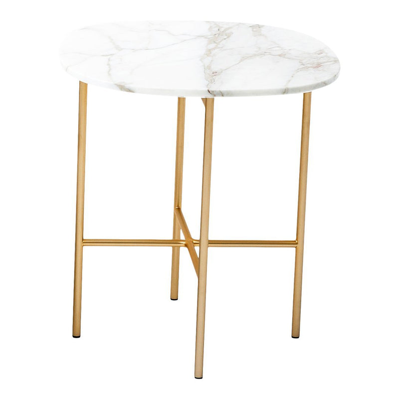 Round marble side table with white and gray veining on a gold metal frame. Elegant and modern design.