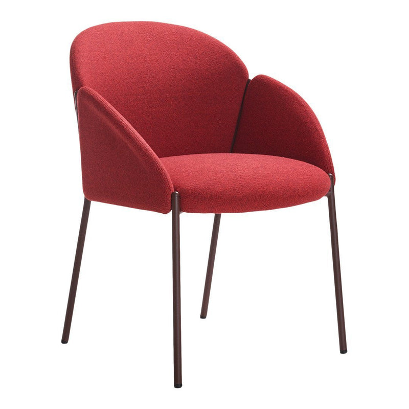 Red upholstered chair with smooth, curved arms and dark metal legs. Perfect blend of modern style and comfort.