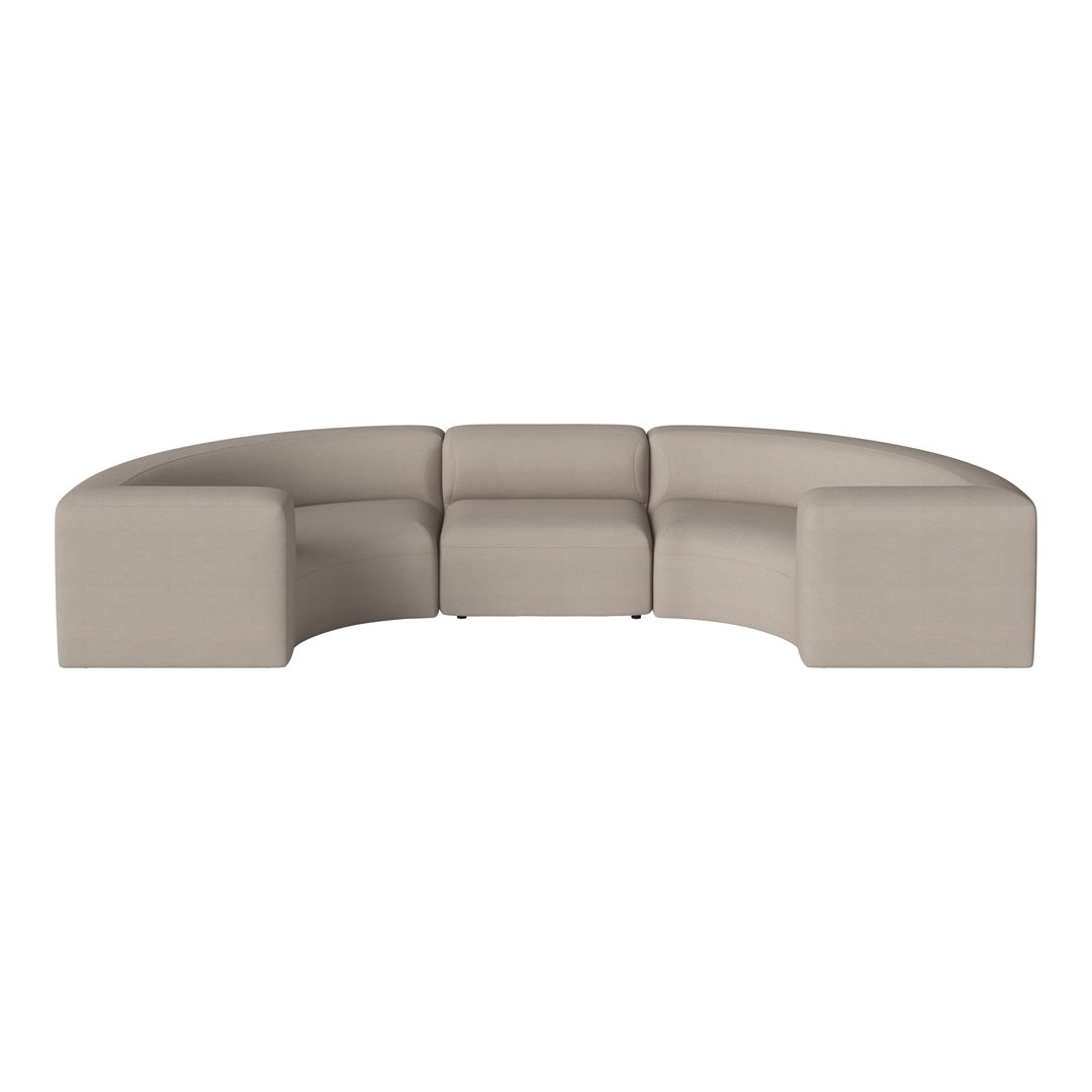 Curved sectional sofa in a soft beige fabric with a smooth, minimalist design. Perfect for modern interiors.