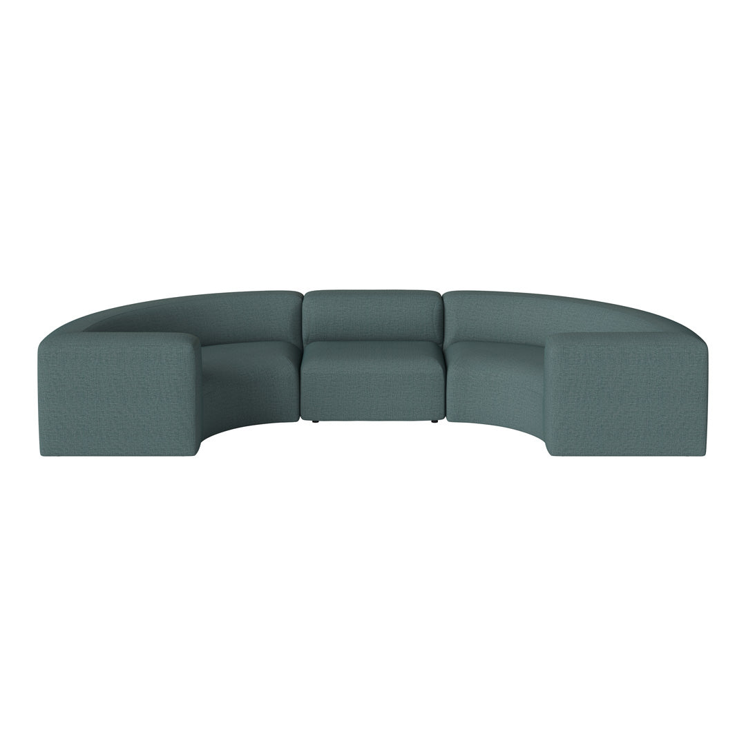 Curved teal sofa upholstered in a textured fabric, featuring sleek geometric shapes and a modern design.